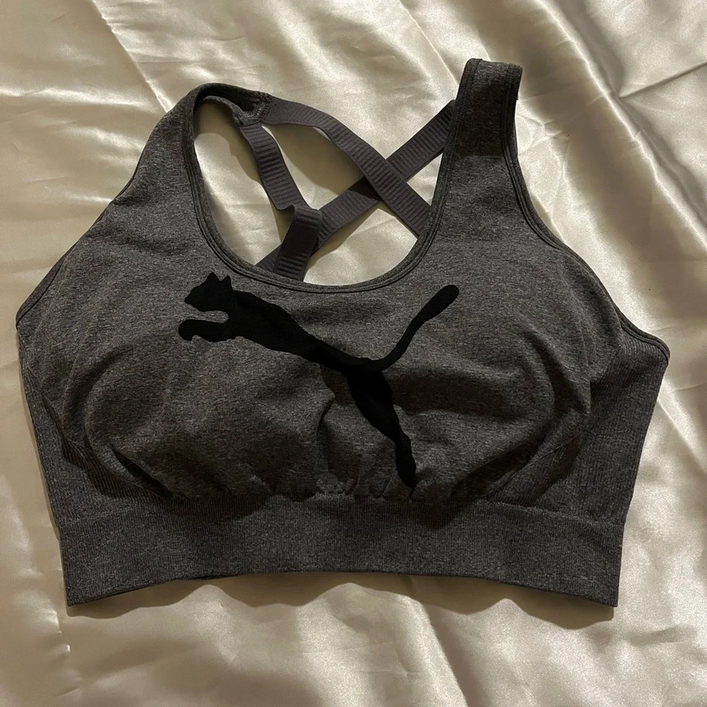 Puma Charcoal Sports Bra with Black Logo - Picture 1 of 3